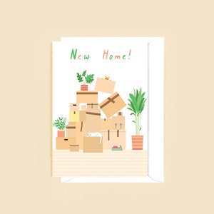 Novo cartão para casa - cartão em branco, ilustração de animal fofo, amante de gatos, novo lugar, mudança de casa, cartão de inauguração