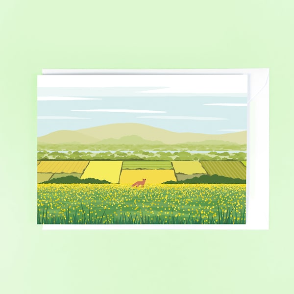 Summer's View Greetings Card - Fox Illustration, Nature Card, Buttercups, Landscape Scenery, Summer Card, Blank Card