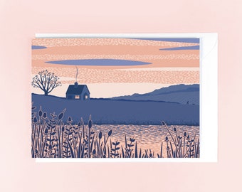 River Scene Greetings Card - Blank Card, Sunset Art, Home Decor, Countryside Illustration, Birthday Card