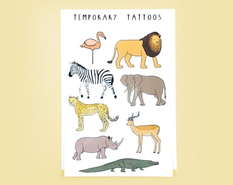 African Animals Temporary Tattoo Sheet - Illustrated Tattoos, Animals of Africa Art, Fake Tattoos, Party Bag Gift, Animal Illustrations