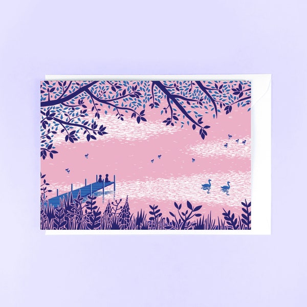 Lake Sunset Greetings Card - Illustration, Cute Scene, Swans Art, Ducks, Blank A6 Greetings Card For Any Occasion