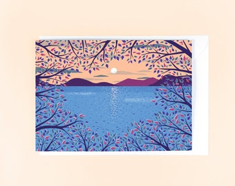 Greetings Card - A View Through the Trees - Nature Illustration, Lake Scene Art, Sunset, Blank A6 Greetings Card