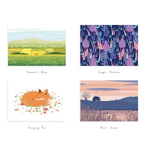 May include: Four illustrations of different scenes: a summer landscape with a field of yellow flowers, a repeating pattern of jungle leaves, a sleeping fox in a field of mushrooms, and a river scene with a cabin in the distance.
