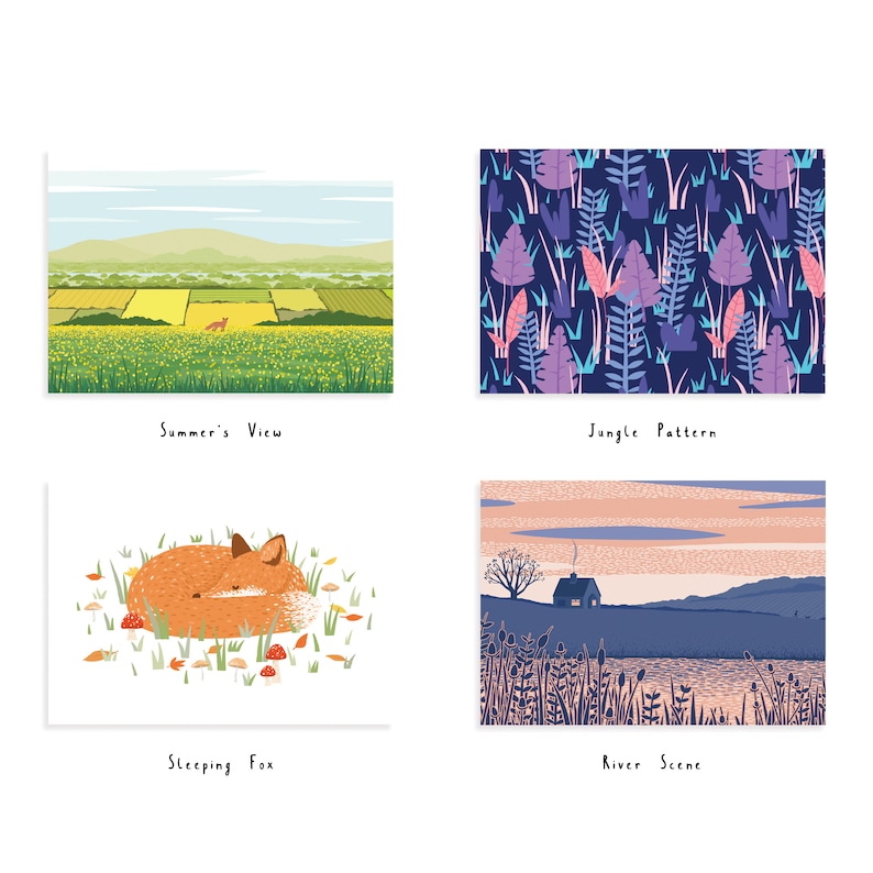 May include: Four illustrations of different scenes: a summer landscape with a field of yellow flowers, a repeating pattern of jungle leaves, a sleeping fox in a field of mushrooms, and a river scene with a cabin in the distance.