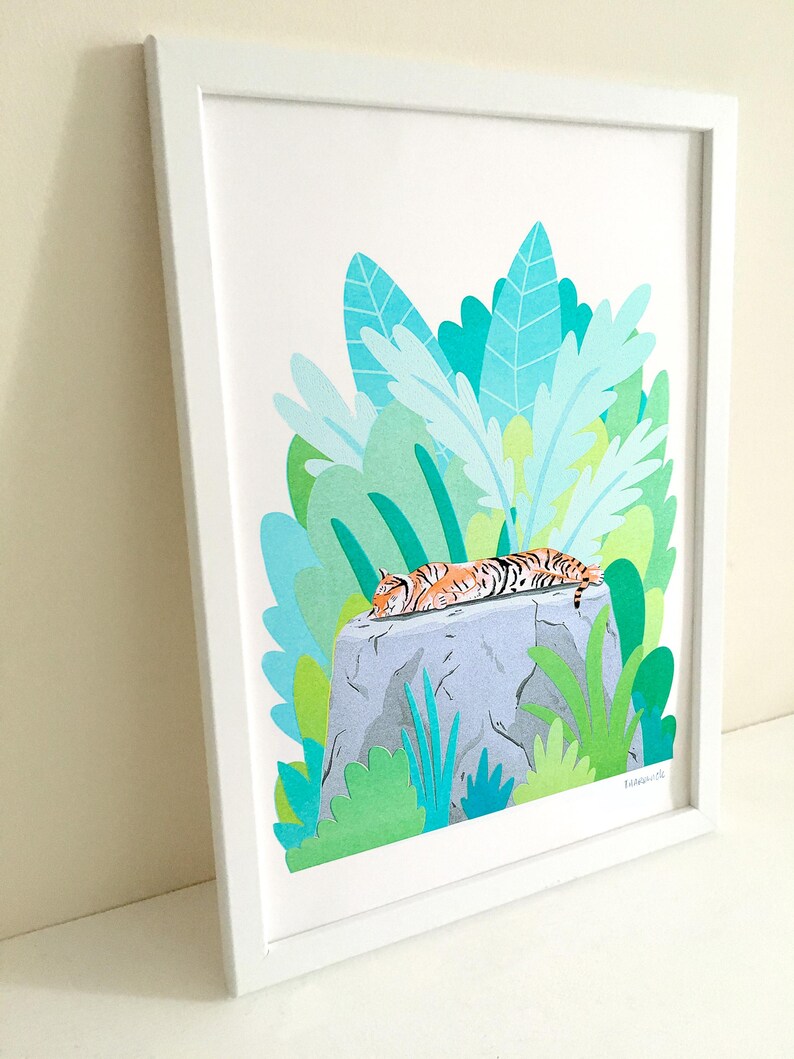Sleeping Tiger Risograph Print Animal Illustration, Tiger Print, Jungle