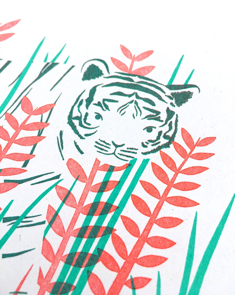 Hidden Tiger Risograph Print Tiger Riso, Tiger Print, Zoo Animal Illustration, Botanical Print, Safari Animals, Tiger Camo image 3