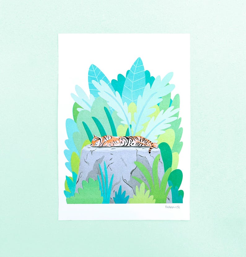 Sleeping Tiger Risograph Print A3 Larger Size Animal Illustration