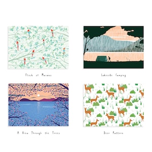 May include: Four illustrated postcards with different nature scenes. The first postcard shows a flock of red macaws flying through a green and white tree canopy. The second postcard shows a silhouette of a person camping by a lake with a tent and a dog. The third postcard shows a view of a lake with a sunset through a forest of trees. The fourth postcard shows a repeating pattern of brown deer and green grass.