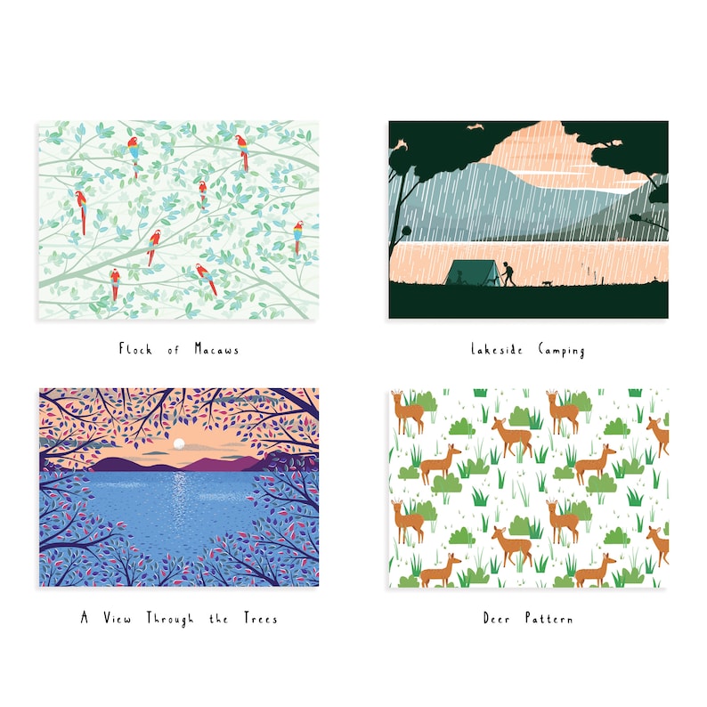 May include: Four illustrated postcards with different nature scenes. The first postcard shows a flock of red macaws flying through a green and white tree canopy. The second postcard shows a silhouette of a person camping by a lake with a tent and a dog. The third postcard shows a view of a lake with a sunset through a forest of trees. The fourth postcard shows a repeating pattern of brown deer and green grass.