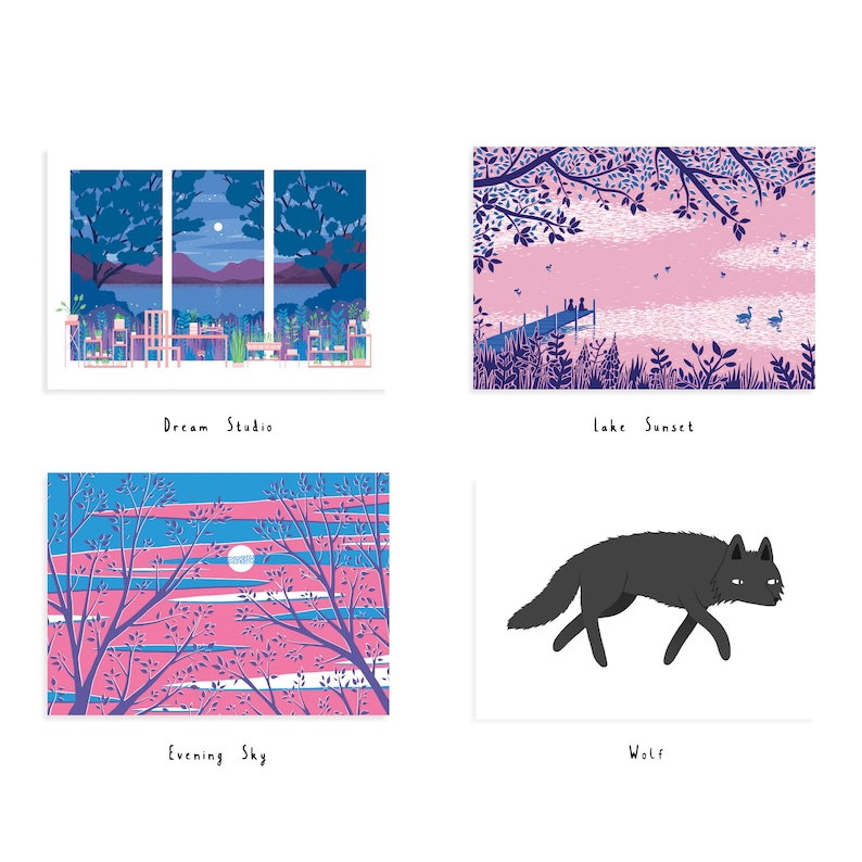 May include: Four illustrated postcards with different scenes. The first postcard shows a window with a view of a moonlit forest. The second postcard shows a lake with a dock and a sunset. The third postcard shows a pink and blue sky with trees. The fourth postcard shows a black wolf.