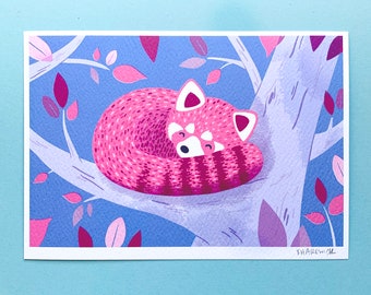 Red Panda Sleeping Mini Print - Pink and Blue Red Panda Illustration, Colourful Animal Art, Pink Home Decor, Cute Nursery Print, A5 size