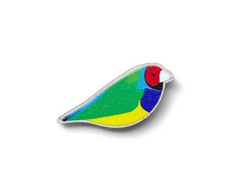 Broche de madera con forma de pinzón arcoíris de Gould - De origen responsable