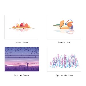 May include: Four illustrated cards with different scenes. The first card shows a small red house on a small island with trees in autumn colors. The second card shows a mandarin duck swimming in a pond. The third card shows a purple sunset with birds on a wire. The fourth card shows a tiger in tall grass.