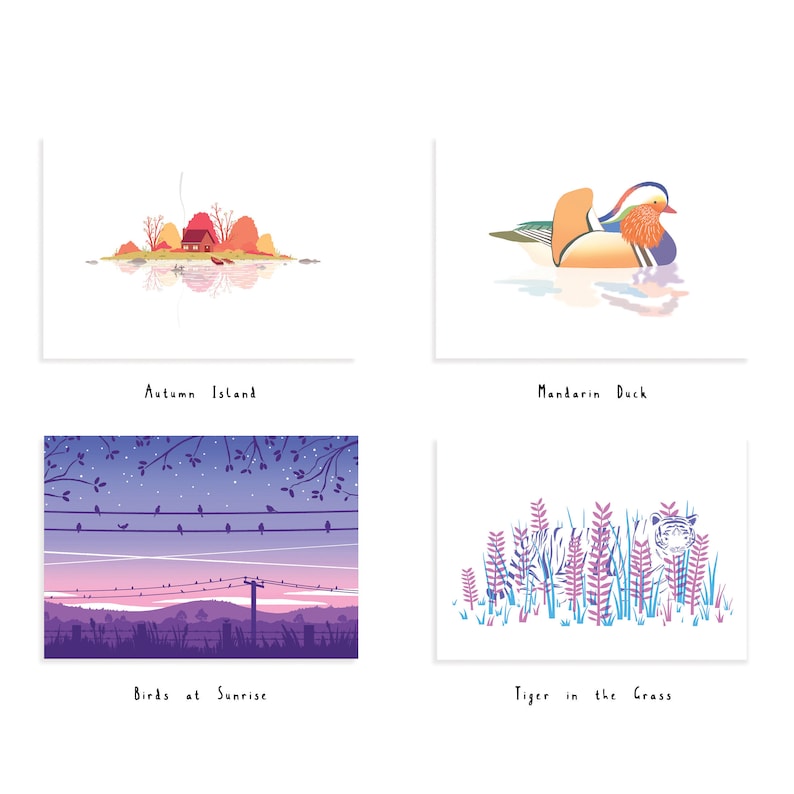 May include: Four illustrated cards with different scenes. The first card shows a small red house on a small island with trees in autumn colors. The second card shows a mandarin duck swimming in a pond. The third card shows a purple sunset with birds on a wire. The fourth card shows a tiger in tall grass.