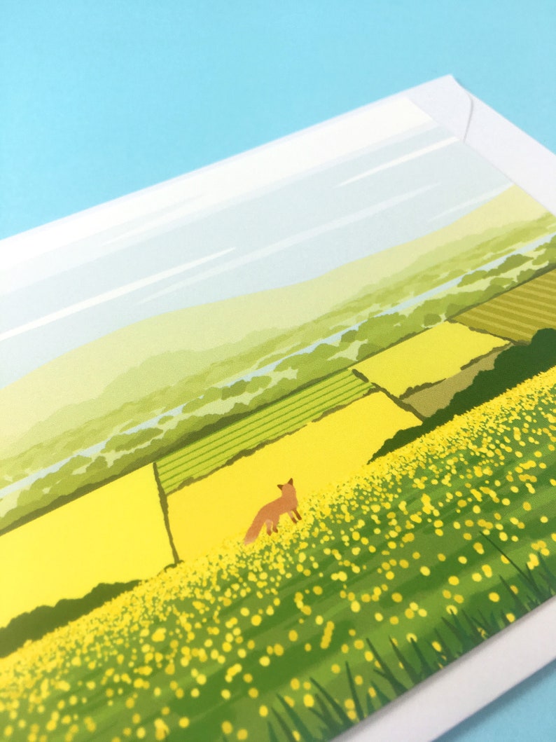 May include: A postcard featuring a stylized illustration of a fox standing in a field of yellow wildflowers. The background shows a rolling green landscape with a river winding through it.