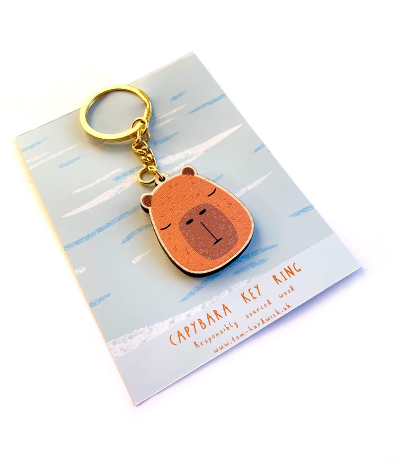 Capybara Wooden Keyring - Illustrated Animal Keychain, Funny Sleeping ...