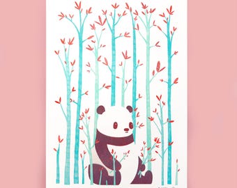 Lámina Risograph de Panda - Arte mural de animales - Tamaño A4