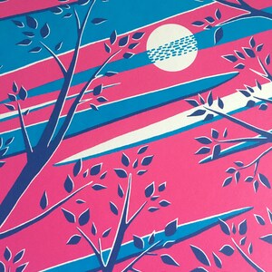 May include: A vibrant, stylized illustration featuring a pink and blue striped background with silhouetted tree branches and leaves. A white circle, possibly a moon, is in the upper right corner.
