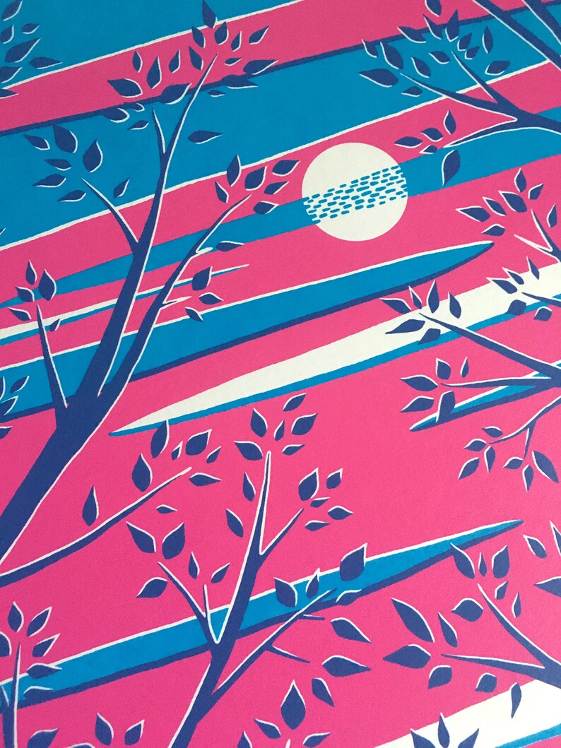 May include: A vibrant, stylized illustration featuring a pink and blue striped background with silhouetted tree branches and leaves. A white circle, possibly a moon, is in the upper right corner.