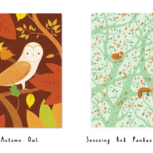 May include: Two illustrations of animals in trees. The first image shows a white owl with brown markings perched on a branch in a tree with orange, yellow, and green leaves. The text "Autumn Owl" is below the image. The second image shows two red pandas sleeping in a green tree with orange leaves. The text "Snoozing Red Pandas (Green)" is below the image.