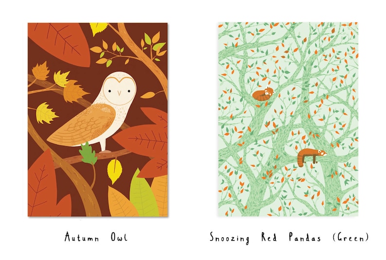 May include: Two illustrations of animals in trees. The first image shows a white owl with brown markings perched on a branch in a tree with orange, yellow, and green leaves. The text "Autumn Owl" is below the image. The second image shows two red pandas sleeping in a green tree with orange leaves. The text "Snoozing Red Pandas (Green)" is below the image.