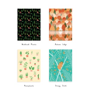 May include: Four digital illustrations of different patterns. The first is a black background with green and red woodland plants. The second is a landscape with a small white house in a lake surrounded by orange and brown trees. The third is a yellow background with a variety of potted houseplants. The fourth is a green background with a sloth sleeping in a tree.