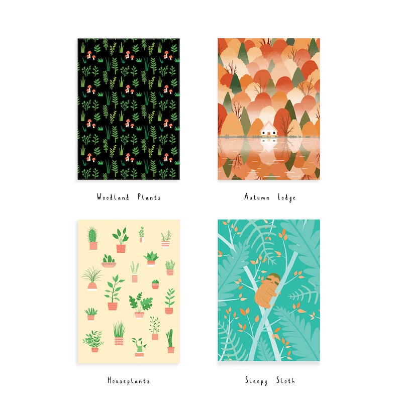 May include: Four digital illustrations of different patterns. The first is a black background with green and red woodland plants. The second is a landscape with a small white house in a lake surrounded by orange and brown trees. The third is a yellow background with a variety of potted houseplants. The fourth is a green background with a sloth sleeping in a tree.