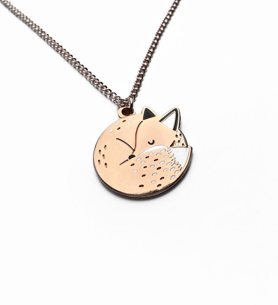 Sleeping Fox Necklace Small Animal Pendant, Enamel Necklace
