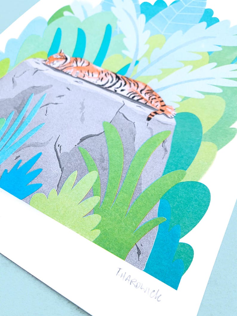 Sleeping Tiger Risograph Print Animal Illustration, Tiger Print, Jungle