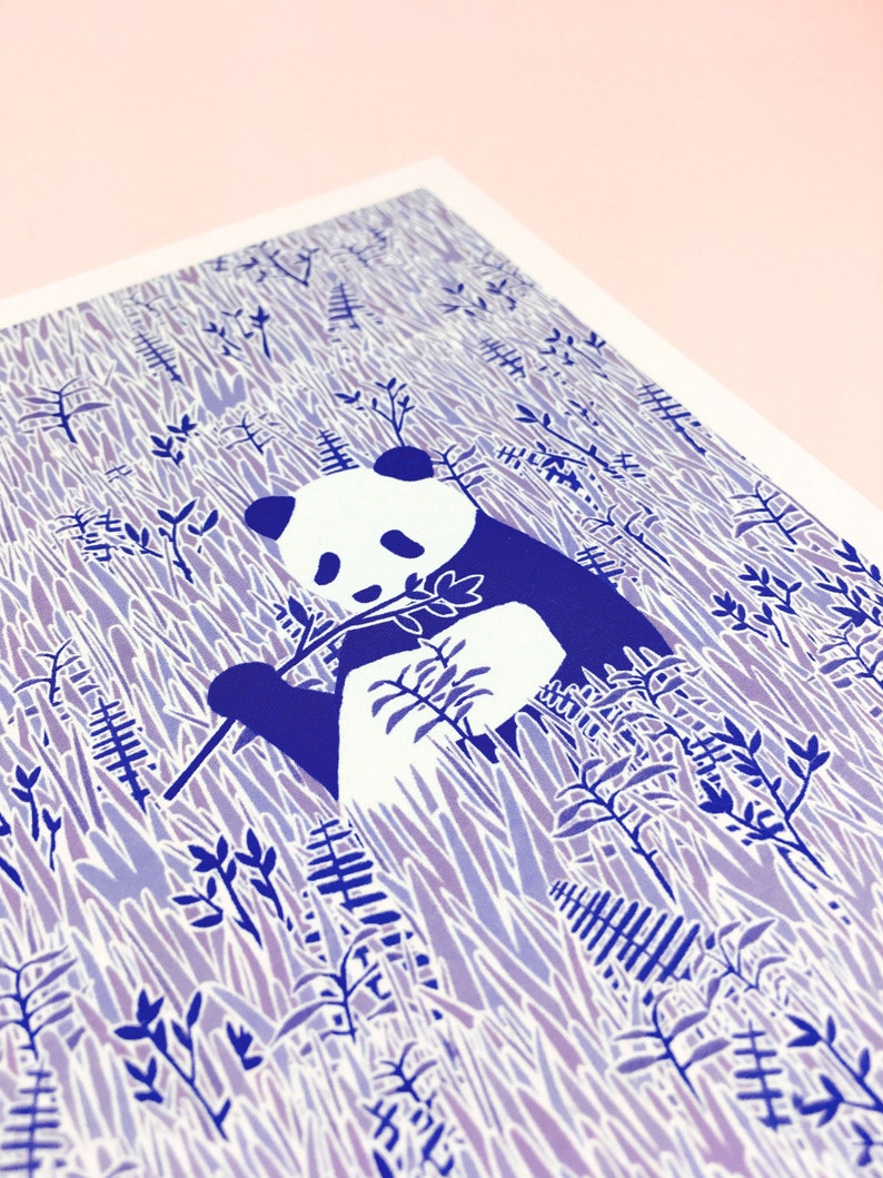 Panda in the Grass Mini Print Panda Illustration, Animal Art, Blue Home Decor, Cute Nursery Print, Jungle Animal image 3