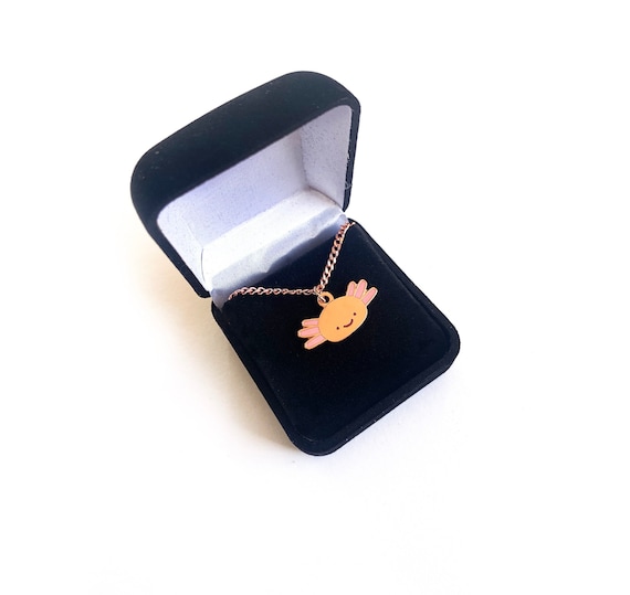 Axolotl Necklace with Velvet Gift Box - Small Animal Pendant, Enamel Necklace, Rose Gold Jewellery, Cute Animal, Gift for Her