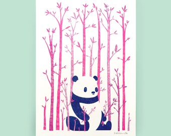 Lámina Risograph de Panda - Arte mural de animales - Tamaño A4