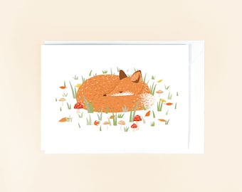 Sleeping Fox Greetings Card - Cute Animal Illustration, Blank Card, Woodland Animal, Fox Home Decor, Birthday Card