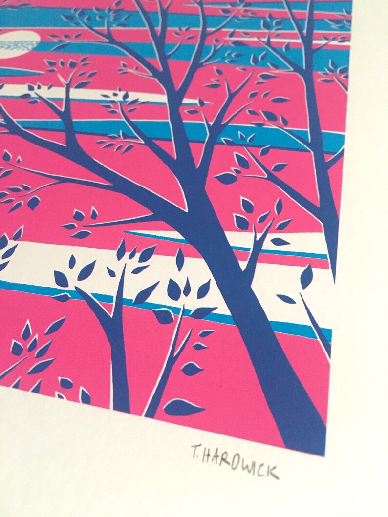 May include: A vibrant print featuring stylized trees with blue trunks and leaves against a pink and striped background. The artwork includes the artist's signature, "T. Hardwick," in the lower right corner. The color palette includes pink, blue, and white.