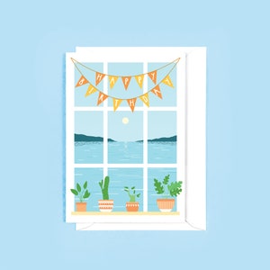 Fensteransicht Geburtstagskarte - Botanische Geburtstagskarte, Ozean Illustration, See Szene, Zimmerpflanzen, Wimpelkette, alles Gute zum Geburtstag