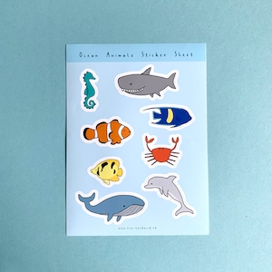 Meerestiere Aufkleber Bogen - Vinyl Kiss-Cut Aufkleber, Wildtier Illustrationen, Zoo Tiere, Party Taschenfüller, Meerestiere, Hai, Fisch, Delfin