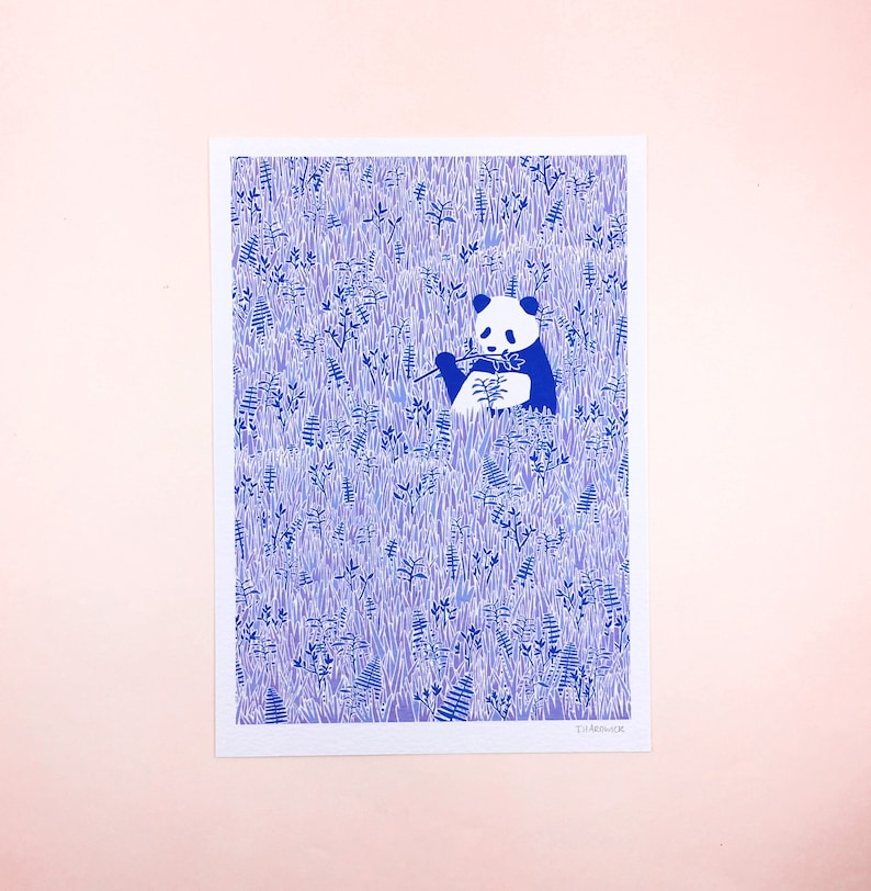 Panda in the Grass Mini Print Panda Illustration, Animal Art, Blue Home Decor, Cute Nursery Print, Jungle Animal image 1