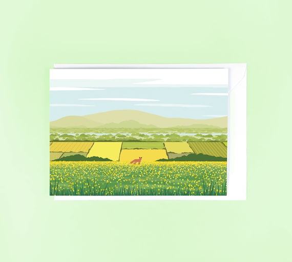 Summer's View Greetings Card - Fox Illustration, Nature Card, Buttercups, Landscape Scenery, Summer Card, Blank Card