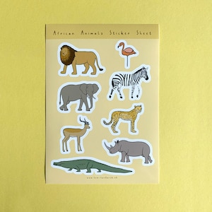 Folha de adesivos de animais africanos - adesivos de vinil com corte de beijo, ilustrações de vida selvagem, animais de zoológico, enchimento de saco de festa, enchimento de meia, álbuns de recortes