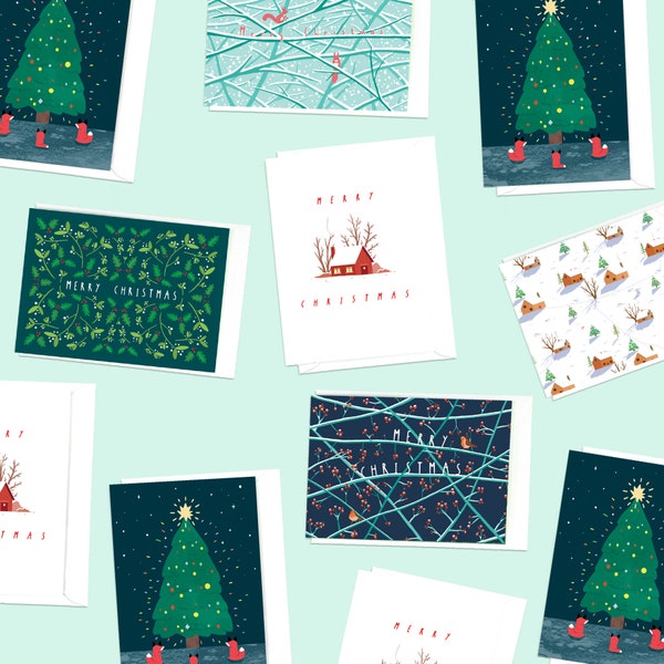 Mix and Match Jeu de cartes de Noël - Set de 3, 6 ou 10 - Paquet de cartes de Noël, Thème de la nature, Joyeuses Fêtes, Festif, Multipack