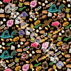 May include: A black background with a repeating pattern of Halloween-themed illustrations. The illustrations include bats, ghosts, candy corn, pumpkins, spiders, and other spooky treats.