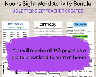Printable Nouns Sight/Dolch Word List Bundle, 143 pages, Trace/Write/Read Practice + 2 Different Games, Homeschool, Instant Download