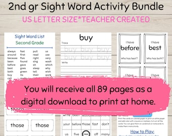 Printable Second Grade Sight/Dolch Word List Bundle, 89 pages, Trace/Write/Read Practice + 3 Different Games, Homeschool, Instant Download