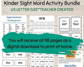 Printable Kindergarten Sight/Dolch Word List Bundle, 98 pages, Trace/Write/Read Practice + 3 Different Games, Homeschool, Instant Download