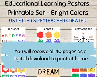 Printable Education Classroom Posters Bundle, 40 pages, Bright Colors, Early Literacy, Math, Social Studies, Science, Instant Download