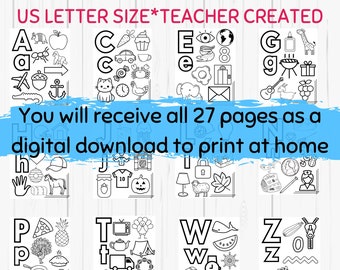 Printable Alphabet Coloring Book A-Z Worksheets Workbook, 27 pages, Instant Download, Teacher Created, Preschool Letters
