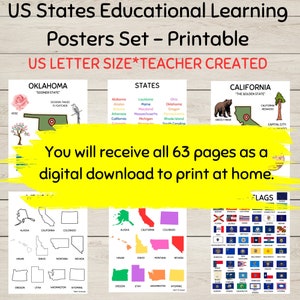 Printable US States Education Classroom Posters Bundle, 63 pages, Social Studies, US Regions, Instant Download