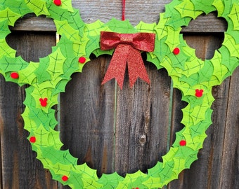 Large Disney Inspired Mickey Christmas Wreath with Hand Stitched Holly Leaves, 22.5 inches