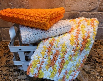 Handmade Crochet Oversized Cotton Dishcloths, Washcloths,  Dish Rags- Set of 3 "Creamsicle"
