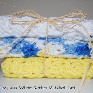 Blue, Yellow, and White Crochet Cotton Dishcloths - Set of 3